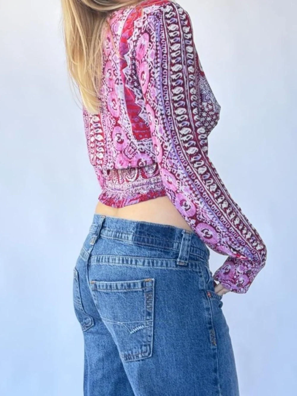 Free People Blouse Boho Small Cropped Long Sleeve